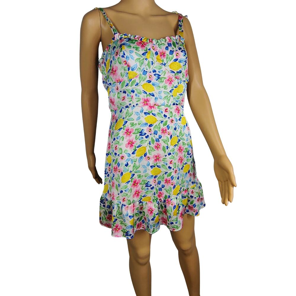 1990s Floral Pressed Petals Design Strappy Summer Mini Ruffle Hem Dress Size S